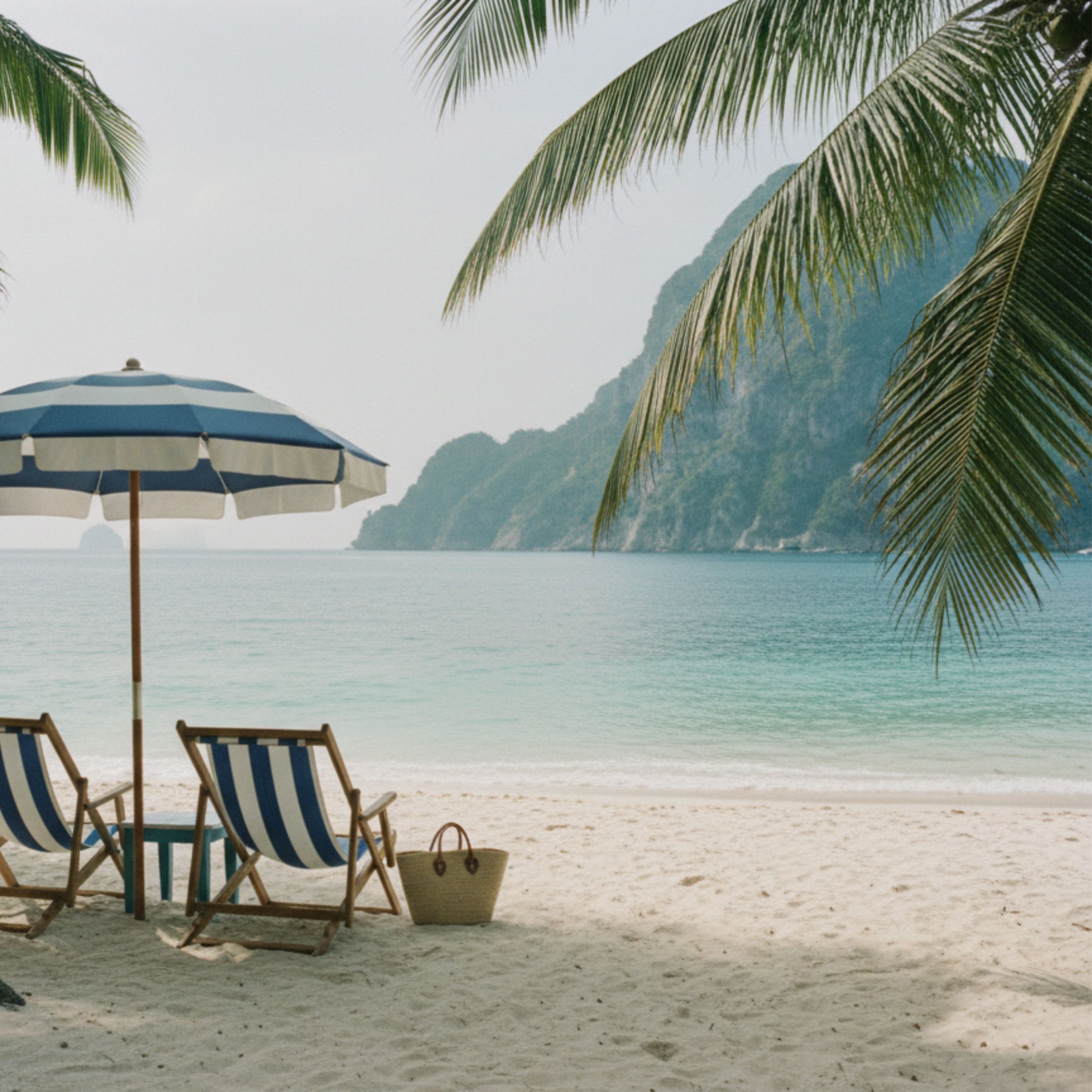 Striped umbrella and chairs on a palm-shaded beach