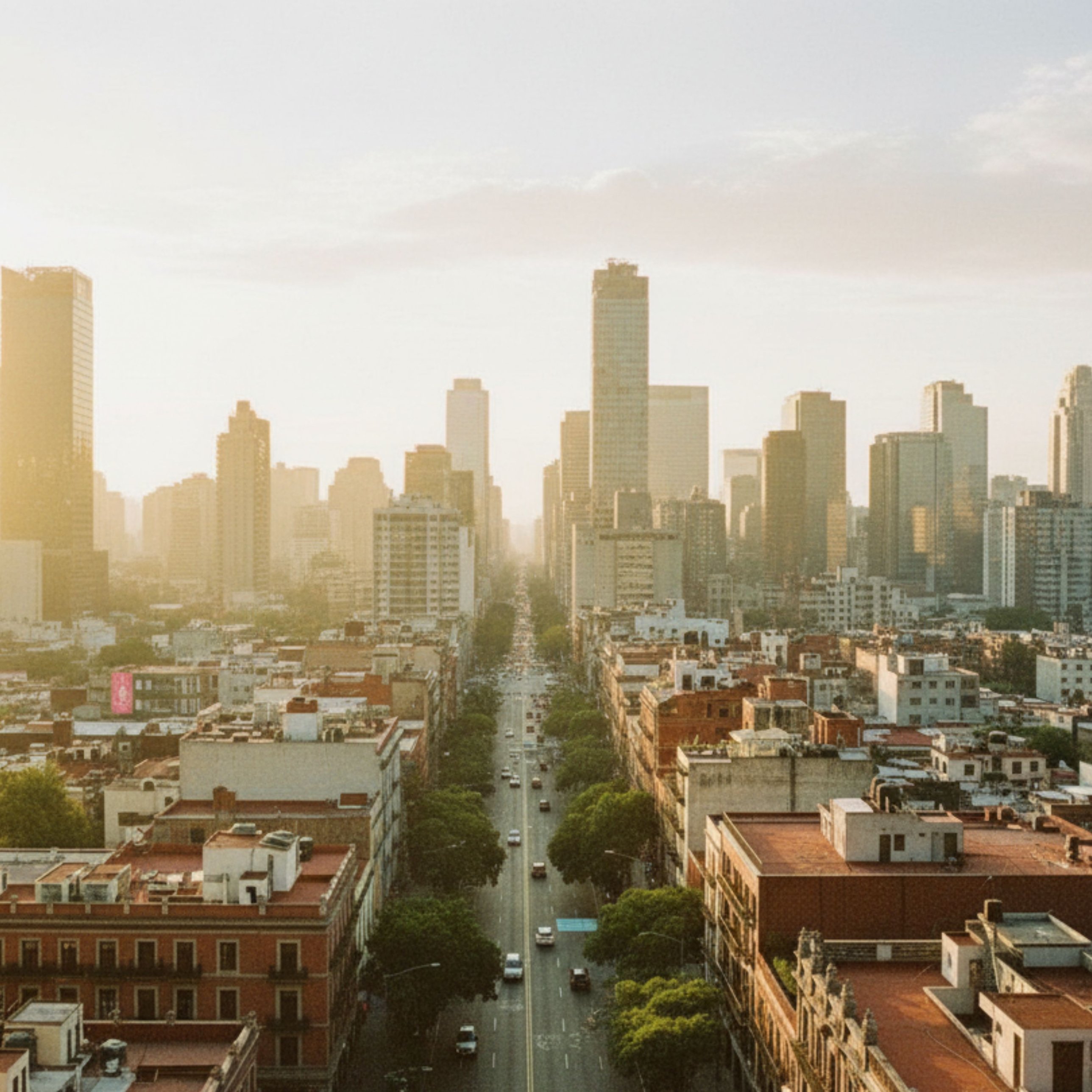 City avenue at golden hour