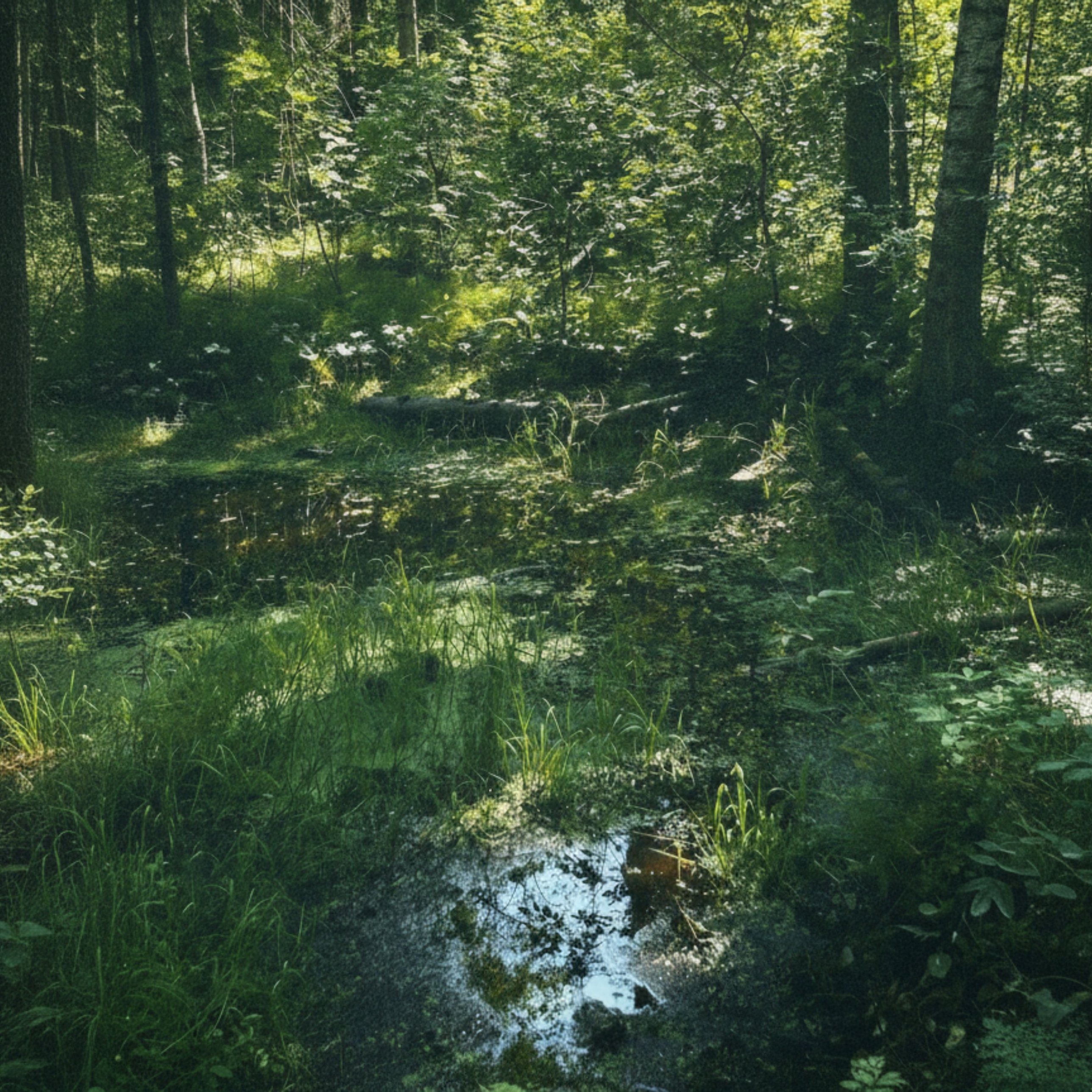 Sunlit forest pond