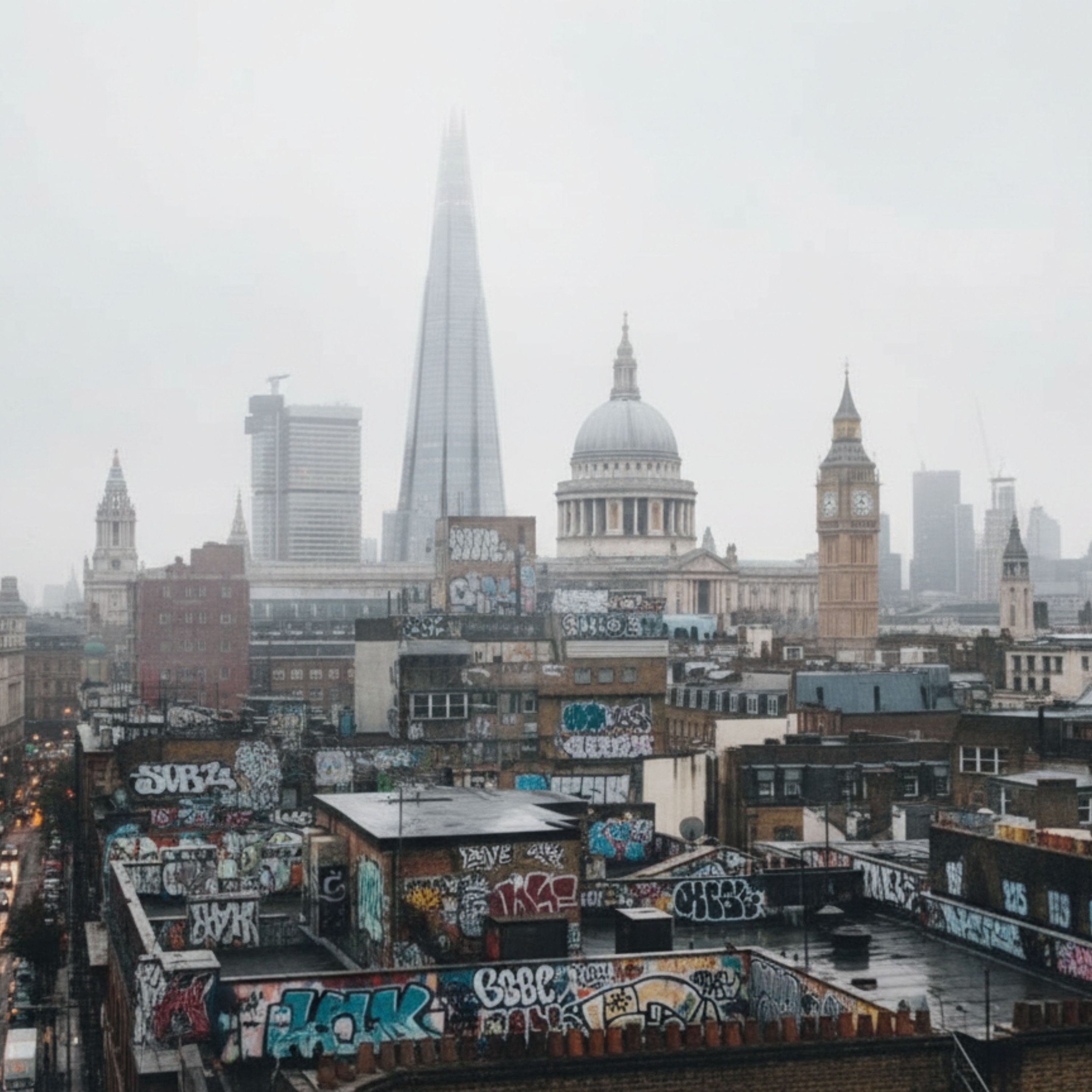 Foggy London skyline with rooftop graffiti