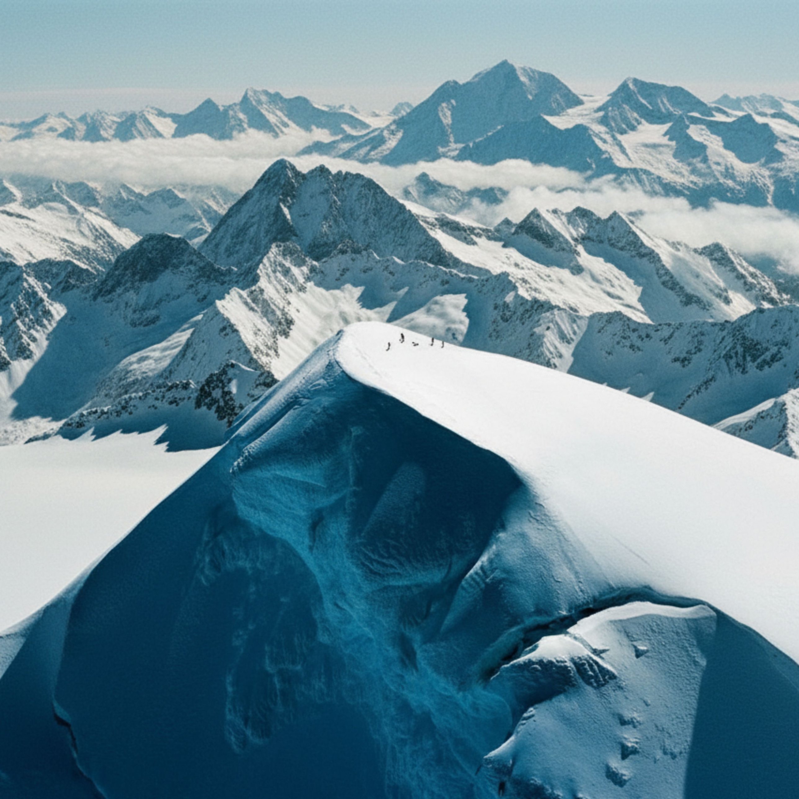 Aerial view of climbers on a snow ridge